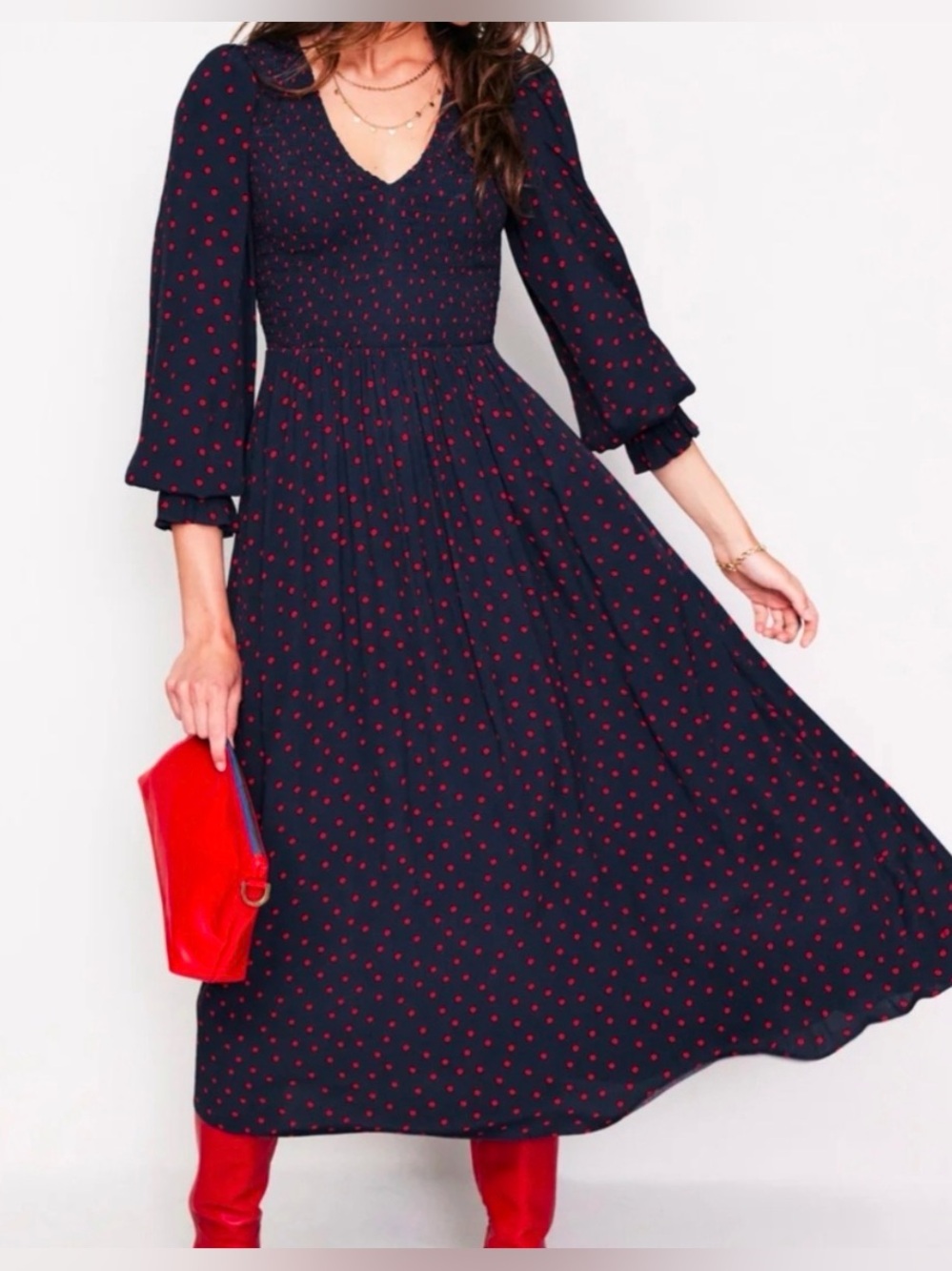 Boden Navy Gemma Smocked V-neck Red Polka Dot Midi Dress Size 6R